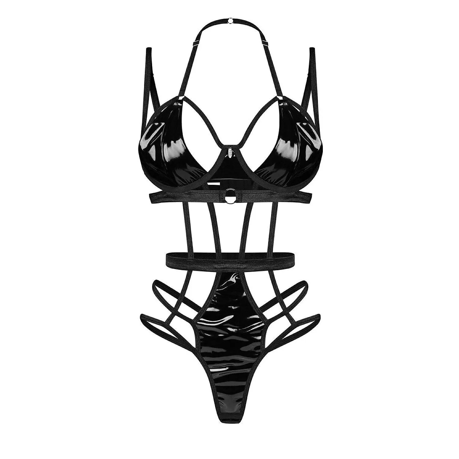 Body Keira noir effet latex avec découpes sensuelles, design moderne pour femmes, style audacieux et élégant.