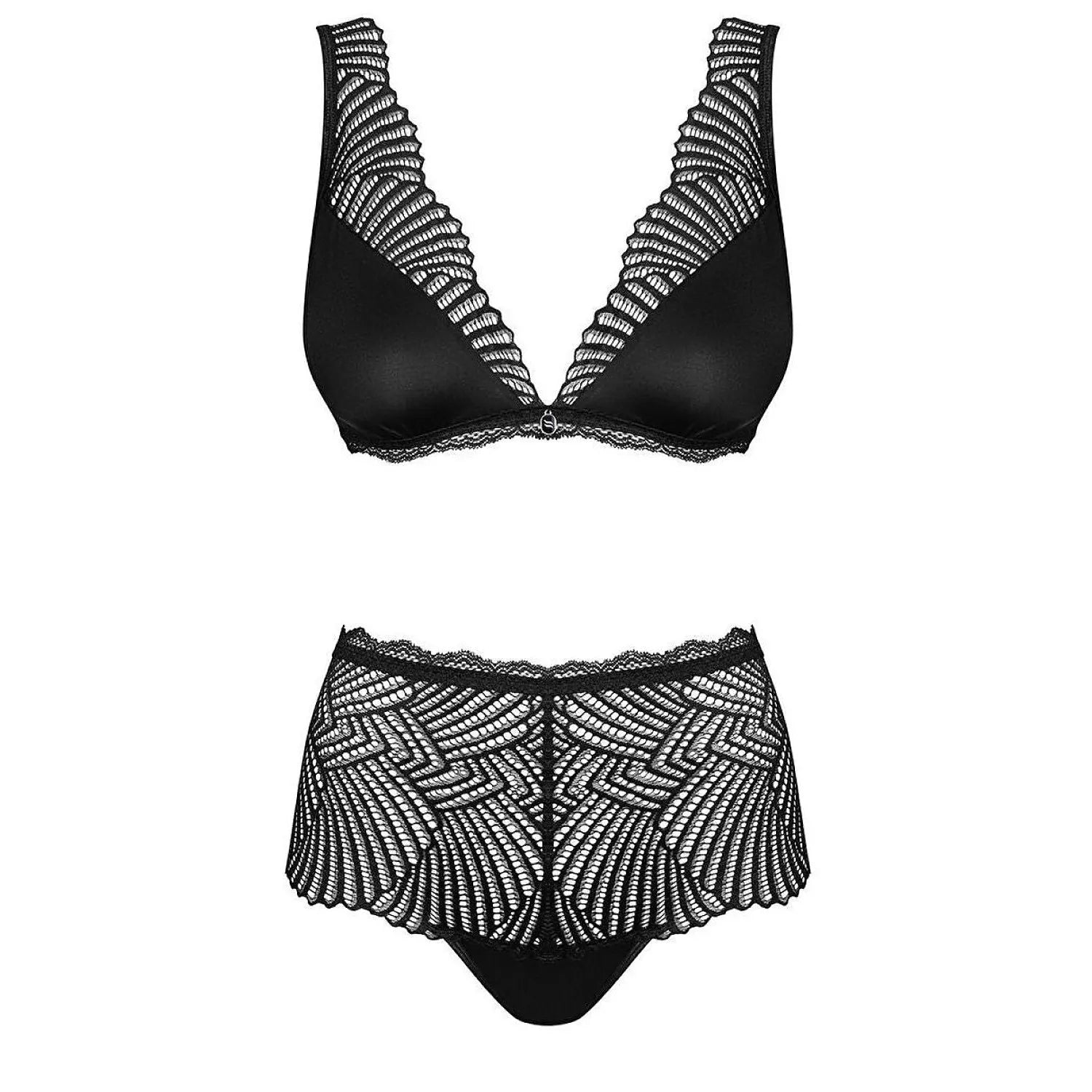 Ensemble lingerie noire dentelle élégante avec bralette et culotte haute, design sophistiqué et coupe flatteuse.