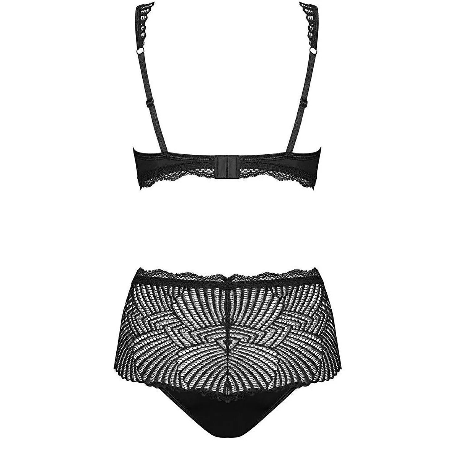 Ensemble lingerie noire dentelle élégante avec bralette et culotte haute, design sophistiqué et flatteur.