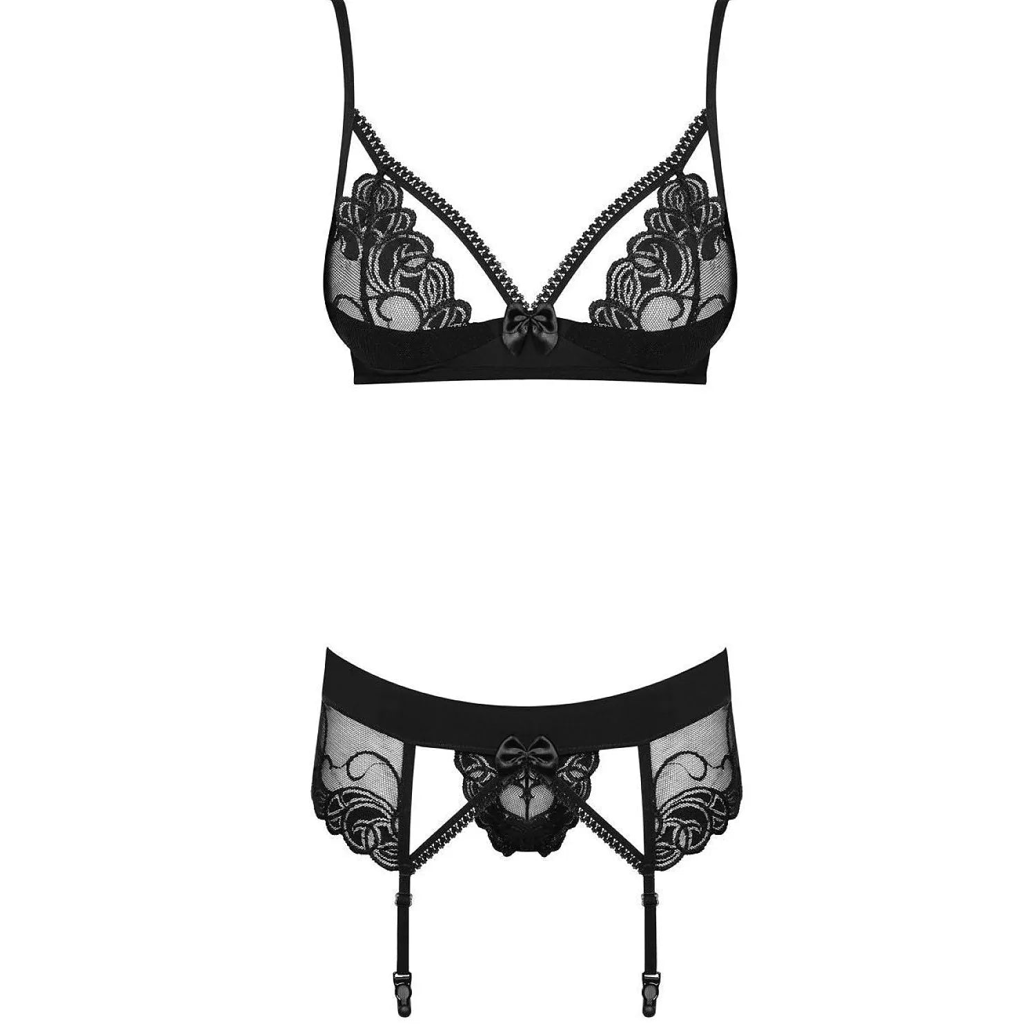 Ensemble lingerie dentelle noire Wonderia avec soutien-gorge et porte-jarretelles réglables, détails élégants et féminins.