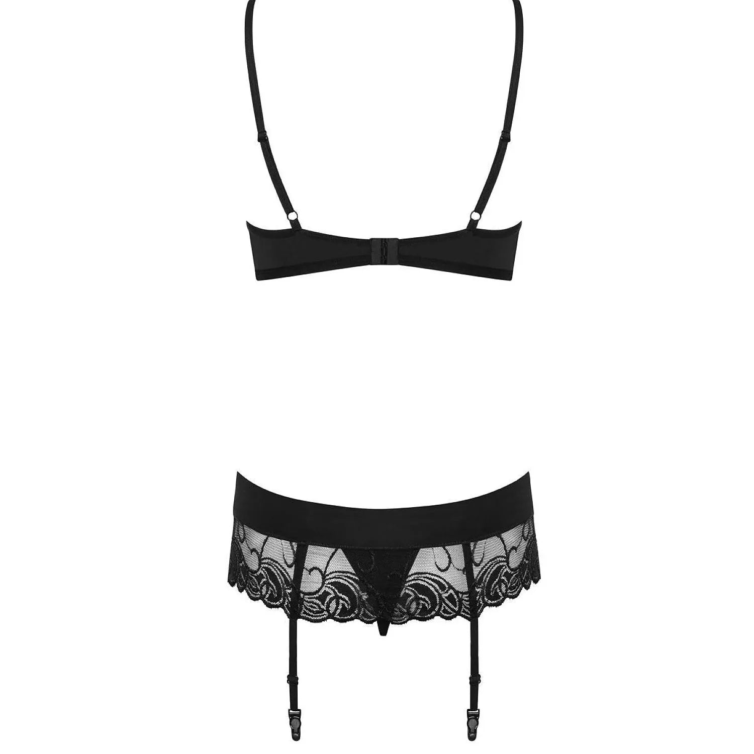 Ensemble lingerie dentelle noire Wonderia avec soutien-gorge et porte-jarretelles réglables, design élégant et féminin.