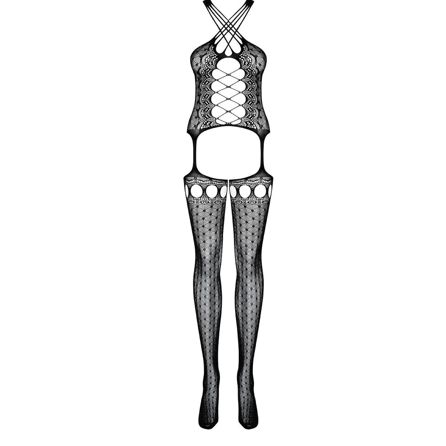 Bodystocking noir ajouré avec bas porte-jarretelles, motifs délicats, fines bretelles croisées, style élégant et sensuel.