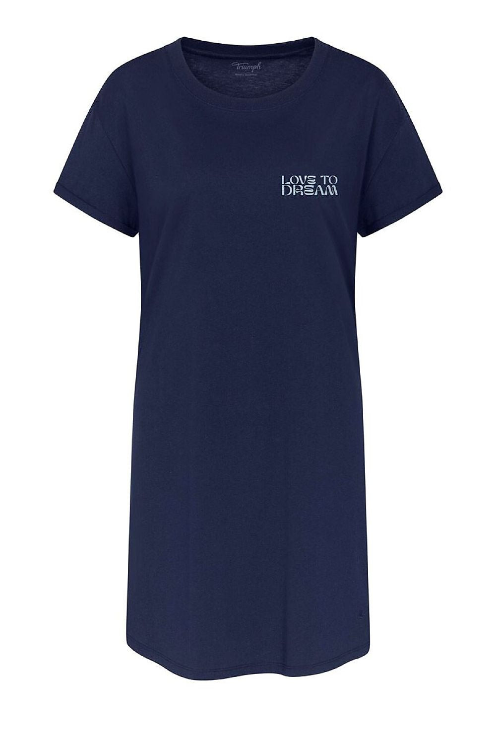 Chemise de nuit bleue Triumph à manches courtes, tissu doux, coupe ample, inscription Love to Dream sur la poitrine.