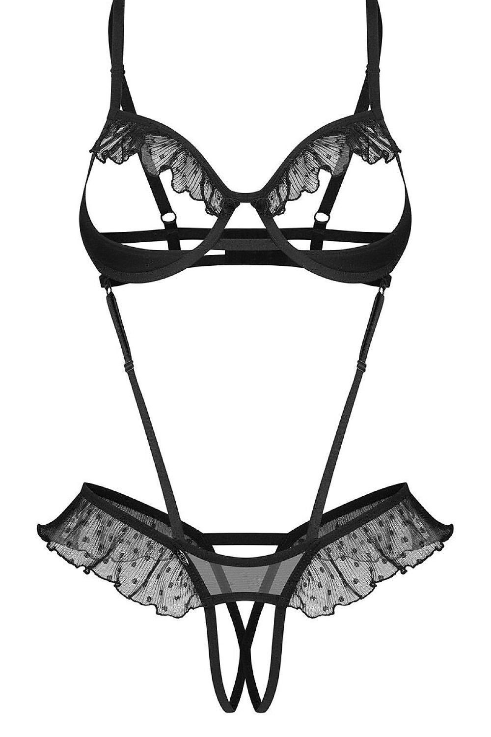 Body noir Obsessive 230586, maille transparente à pois, bonnets ouverts, volants subtils, armatures pour maintien.
