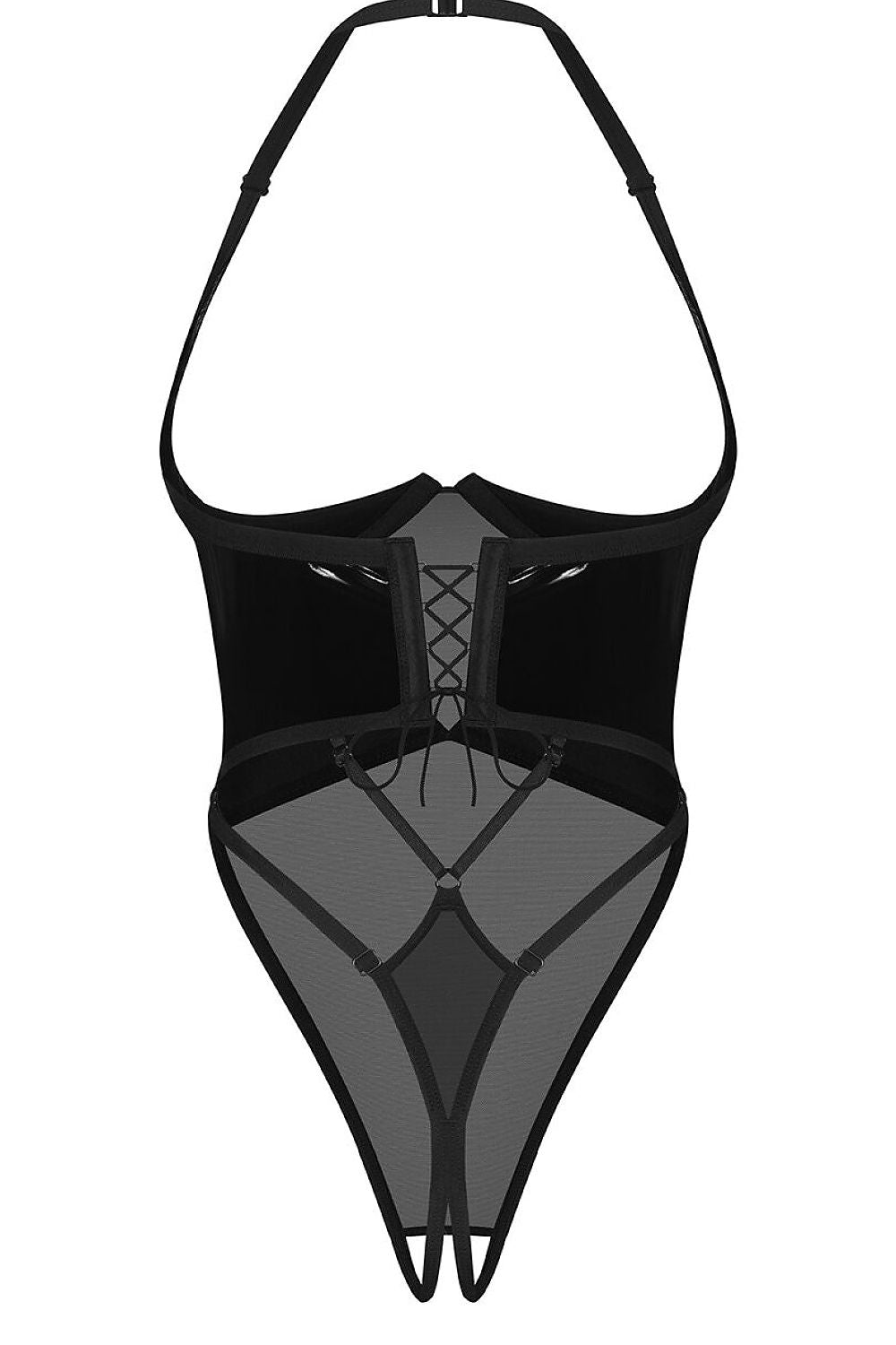 Body noir Obsessive Rolleya, filet transparent, inserts brillants latex, bonnets ouverts, armatures, style moderne.