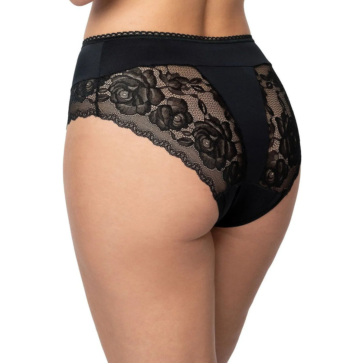 Culottes en dentelle noire Lafonia, taille moyenne, motif floral, microfibre douce, ajustement confortable et sensuel.