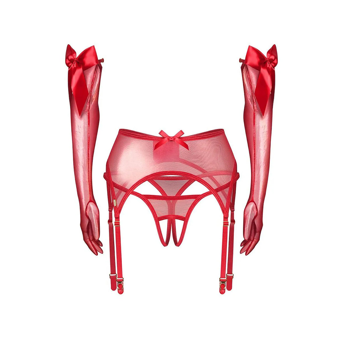 Ensemble lingerie rouge transparent brillant avec porte-jarretelles, string ouvert et longs gants ornés de nœuds.