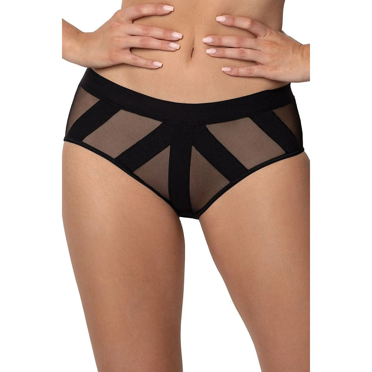 Culottes noires en tulle transparent avec bandes décoratives et dentelle, modèle Pasomela pour élégance et confort.