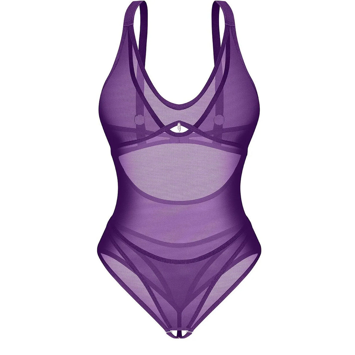 Body violet intense en maille élastique, entrejambe ouvert, bretelles réglables, lingerie sensuelle et élégante.