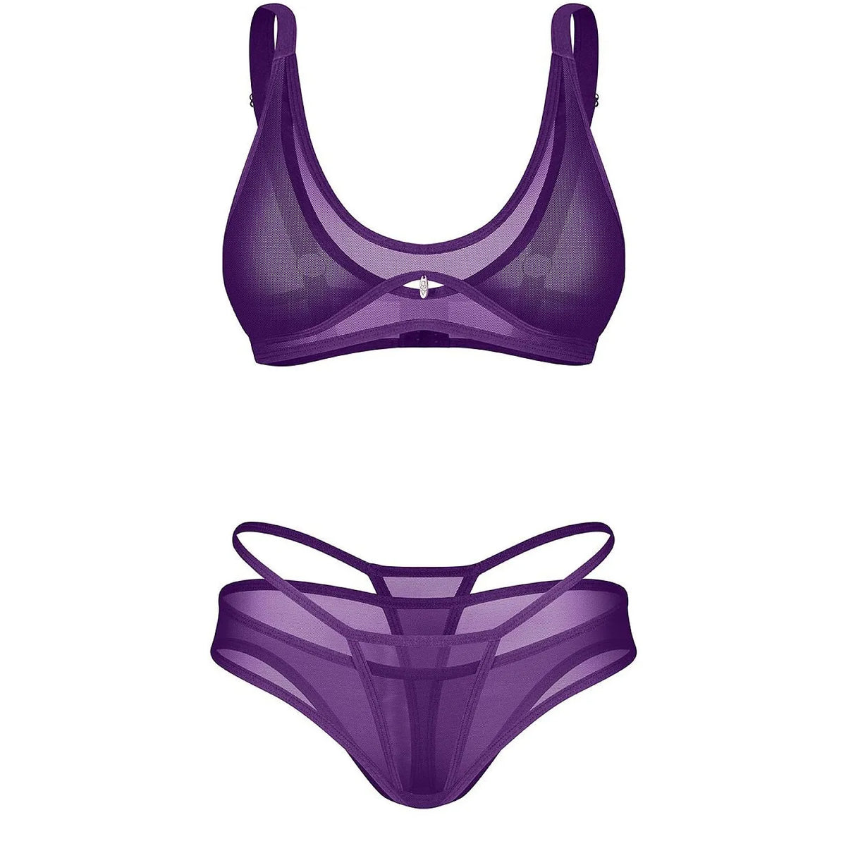 Ensemble lingerie violet avec soutien-gorge sans armature et culottes en mesh transparent, bretelles réglables.