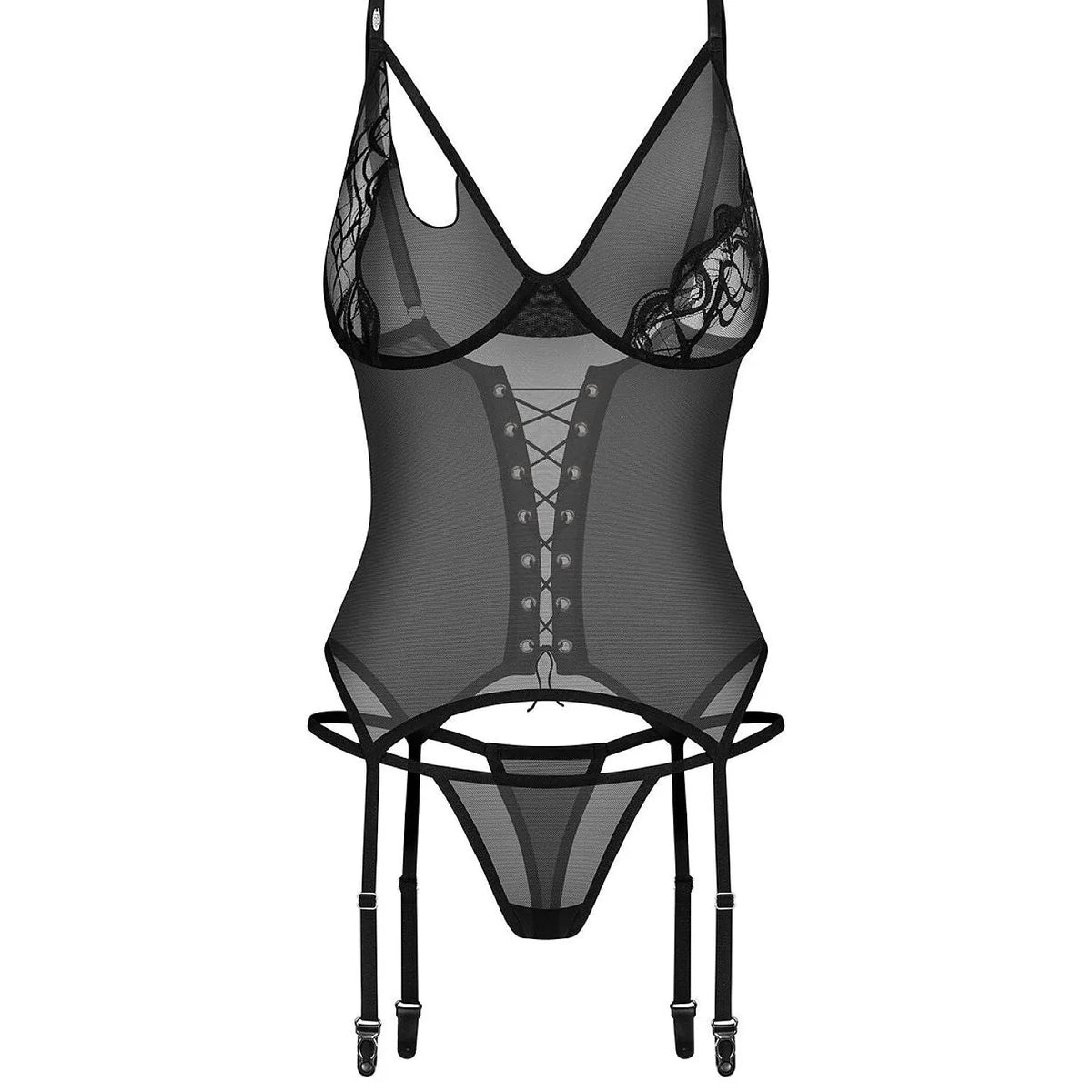 Ensemble lingerie noir Saturis avec corset asymétrique en dentelle, bonnets à armatures, laçage central et strings assortis.