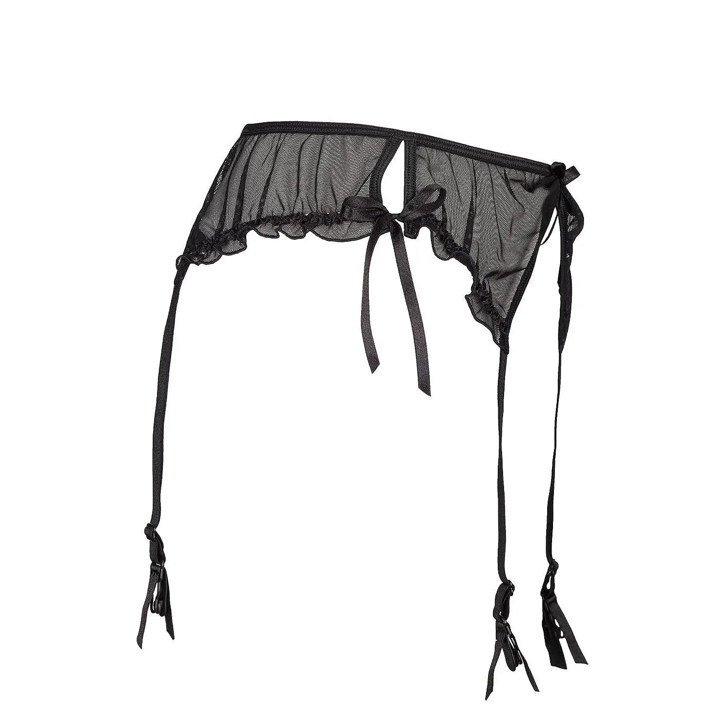 Ceinture porte-jarretelles Axami 51600 en tulle noir avec volants et nœud satin, fentes latérales, tailles S-XL.