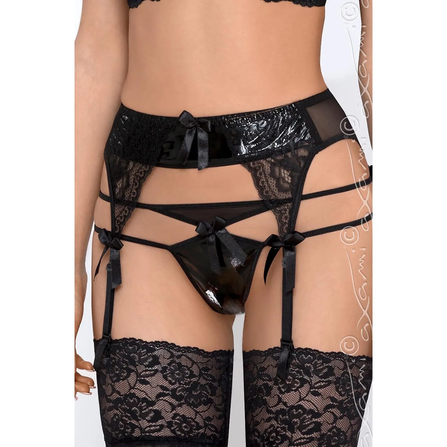 Ceinture porte-jarretelles noire Axami 51614 en tulle transparent et dentelle florale, ornée de nœuds satinés.