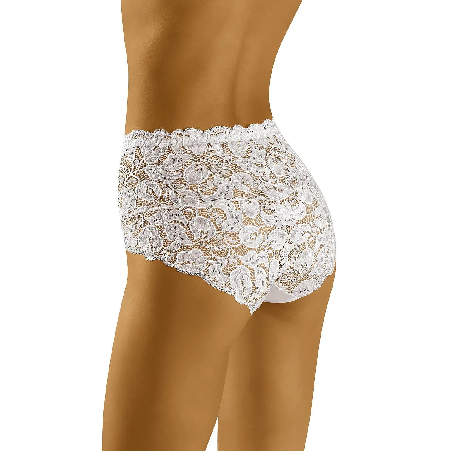 Culotte blanche élégante en dentelle avec dos à lacets, taille haute et coupe flatteuse, modèle Wolbar 126424.