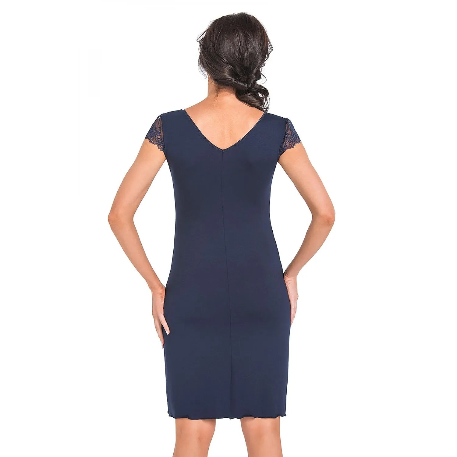 Chemise de nuit bleue élasthanne viscose Donna 128407, manches courtes dentelle, coupe élégante et confortable.