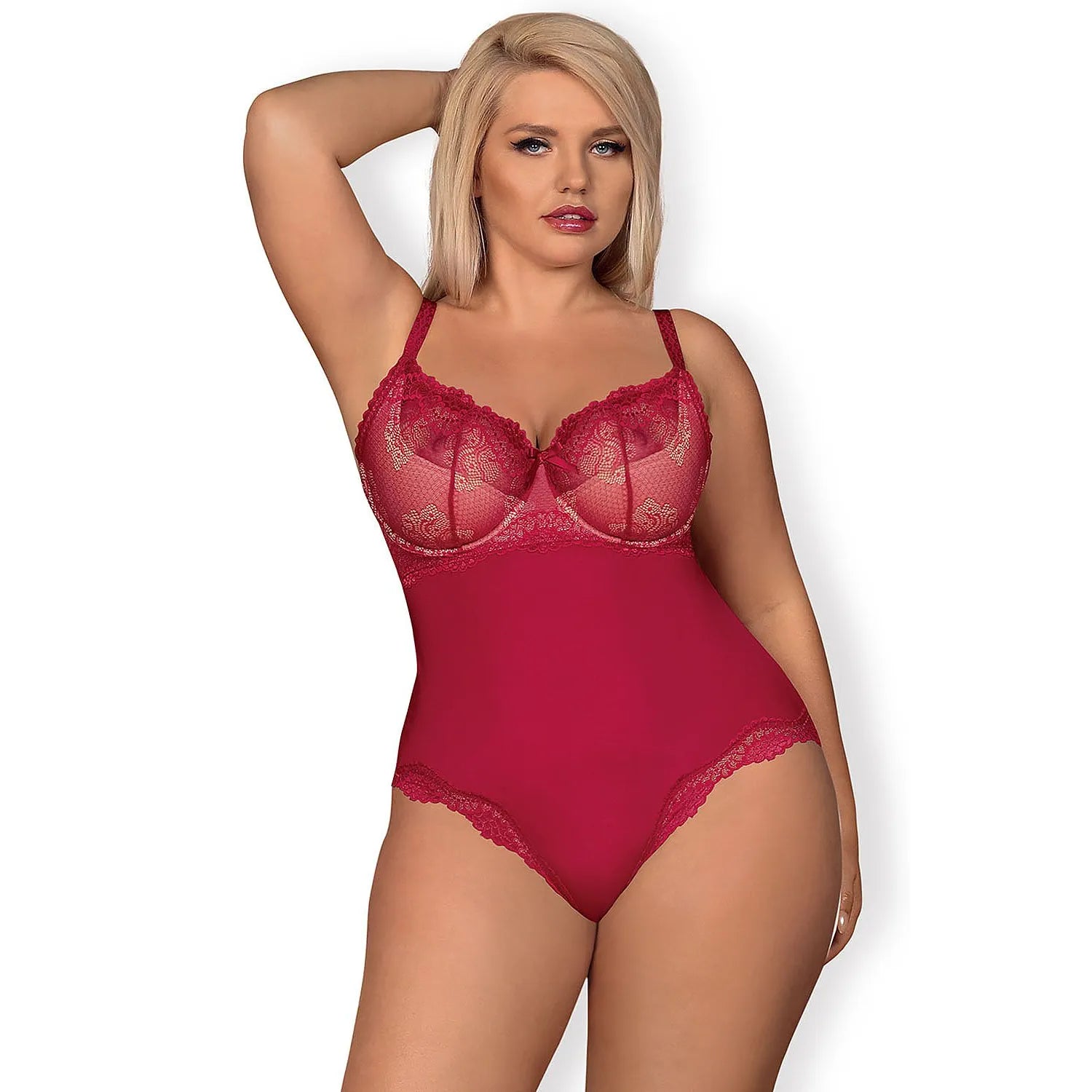 Body rouge foncé Obsessive, bretelles réglables, bonnets rembourrés, dentelle délicate, taille L/XL, élasthanne et polyamide.