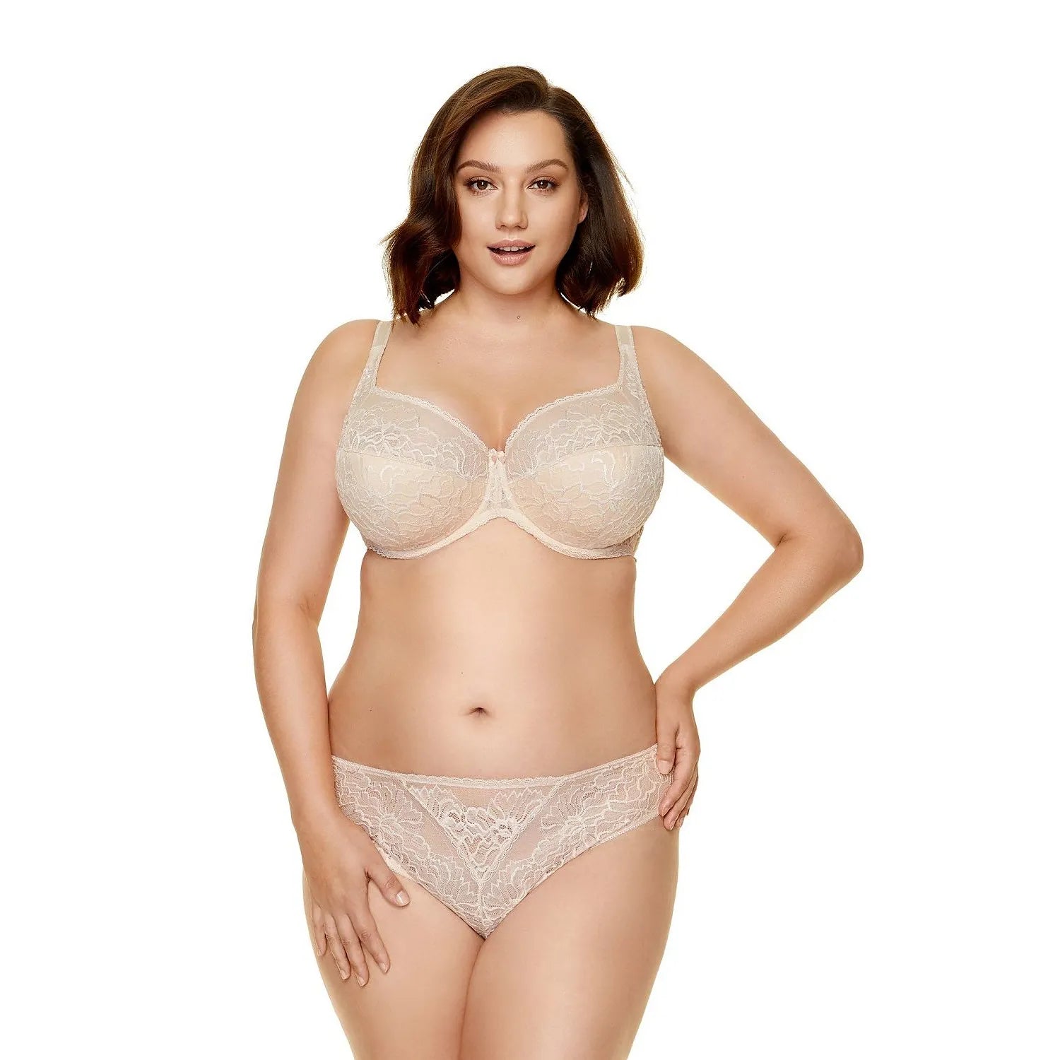Culotte en dentelle italienne écologique beige, motif floral, bande élastique, gousset coton, taille 36 à 48.
