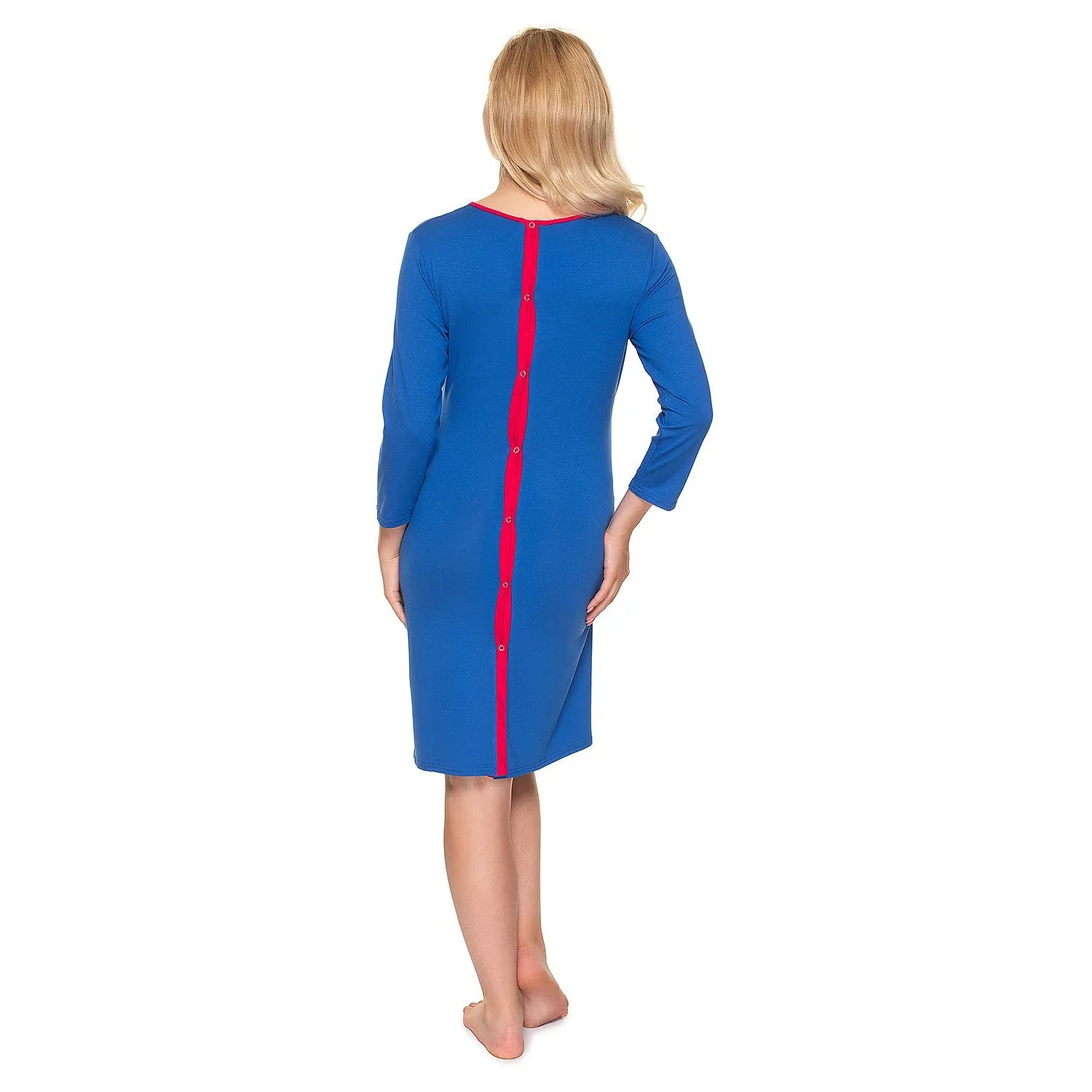 Chemise de nuit maternité bleue avec fonction allaitement, fermeture éclair rouge au dos, manches longues, confortable et ...