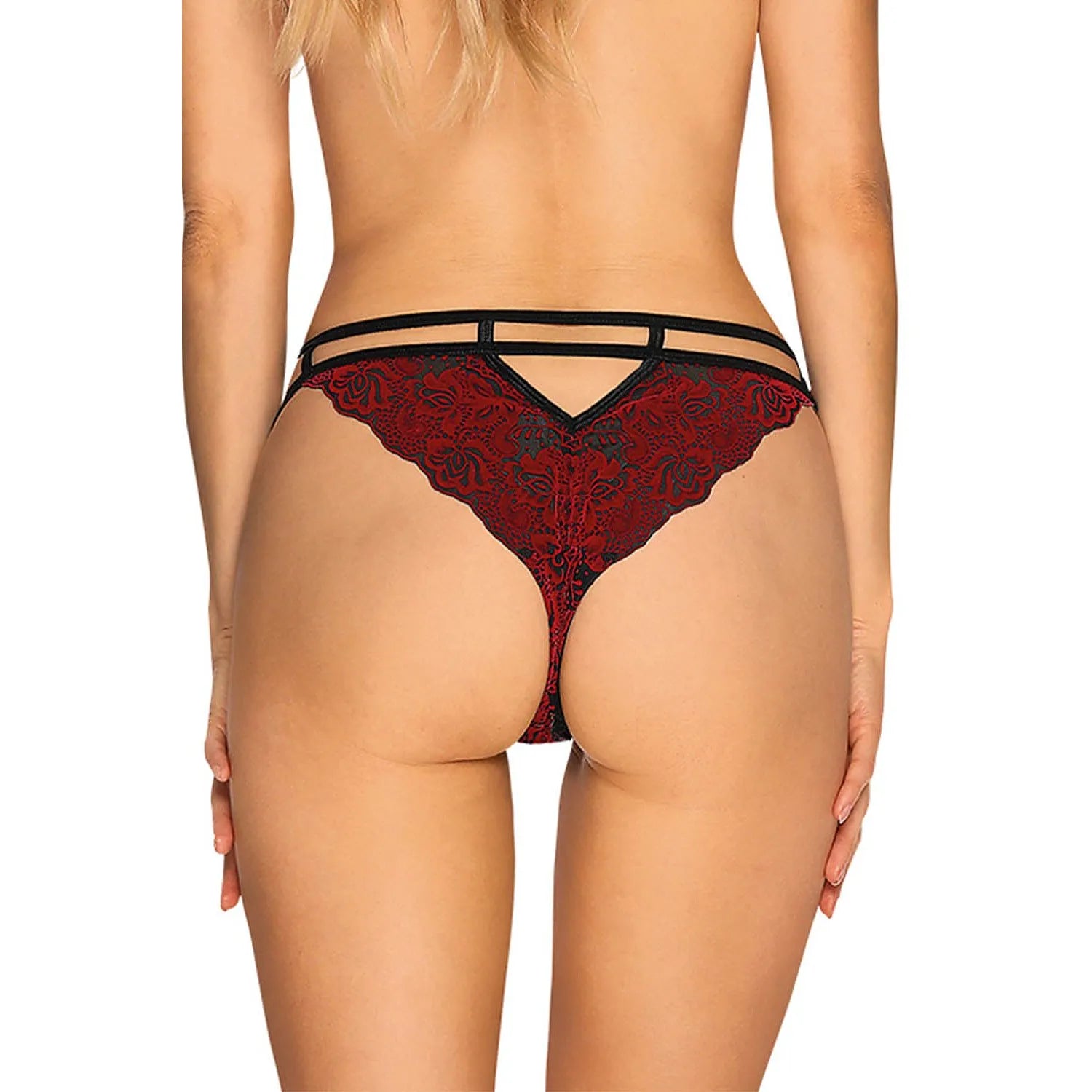 Culotte en dentelle rouge vin avec motif floral, bretelles décoratives, vue arrière, élégante et raffinée.