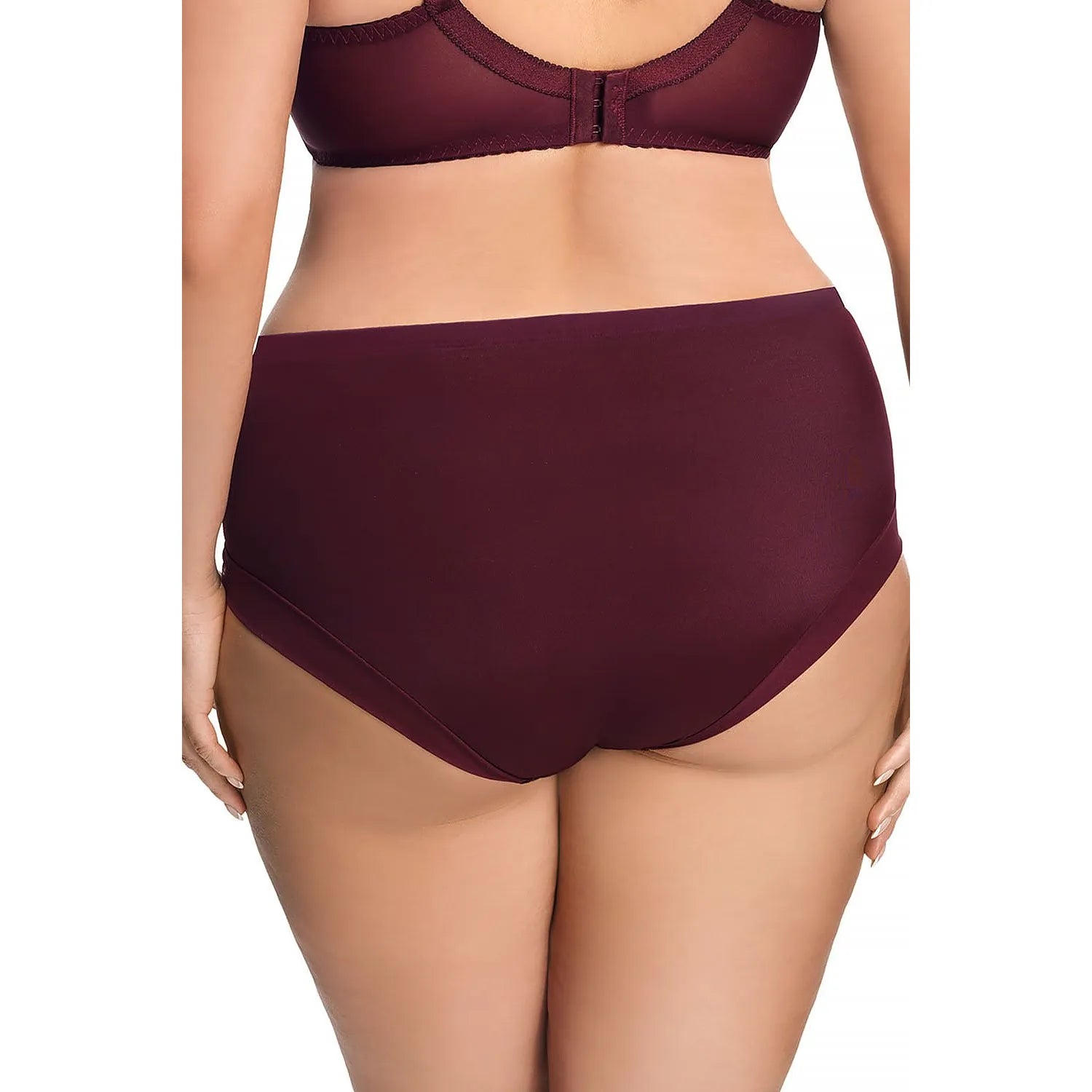 Culotte bordeaux Gorsenia, tissu mixte, couvrante et légèrement transparente, effet jambes allongées et fesses galbées.