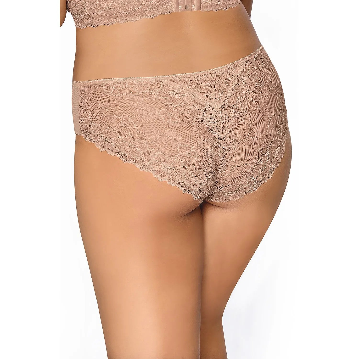 Culotte en dentelle florale beige avec noeud décoratif, inserts tulle sur les côtés, bords lacés, vue arrière.