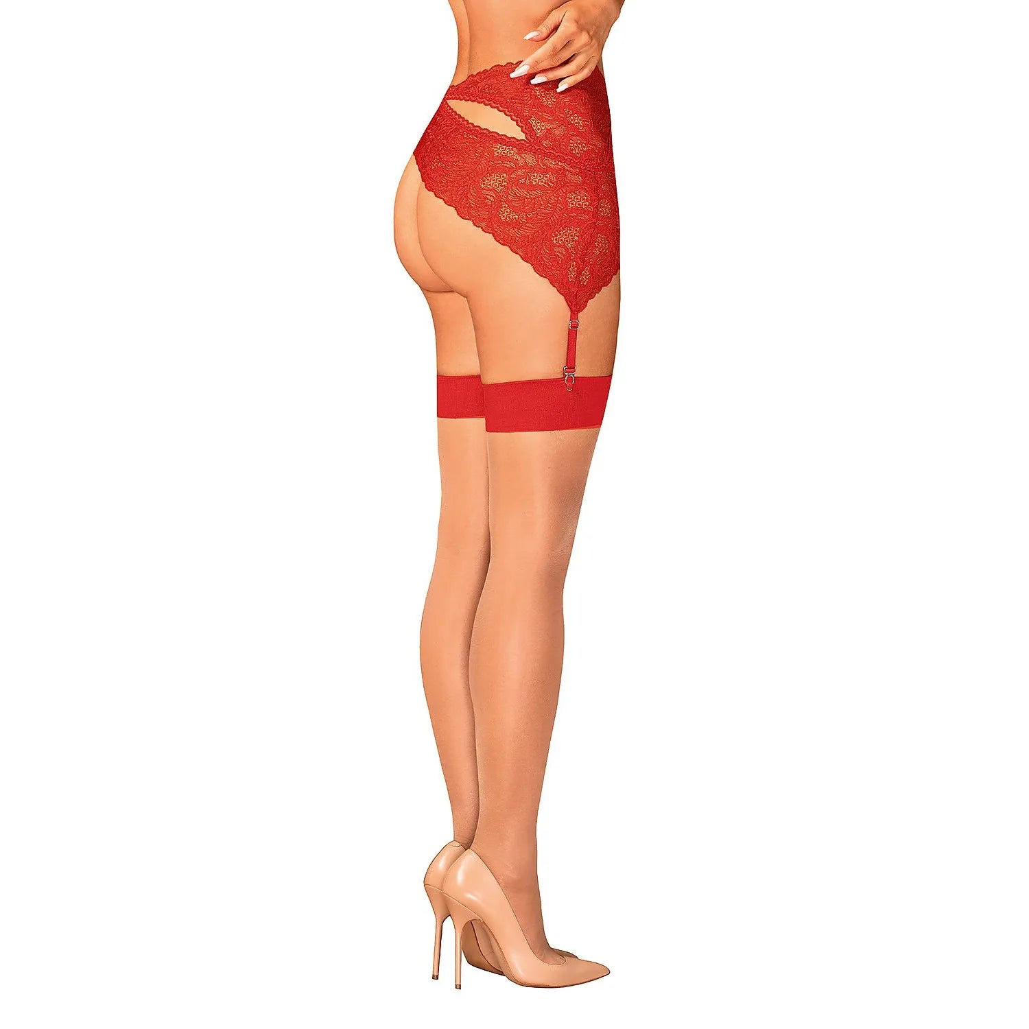 Bas S814 Obsessive, maille subtile, finition rouge profond, souligne les jambes, style sexy avec porte-jarretelles.