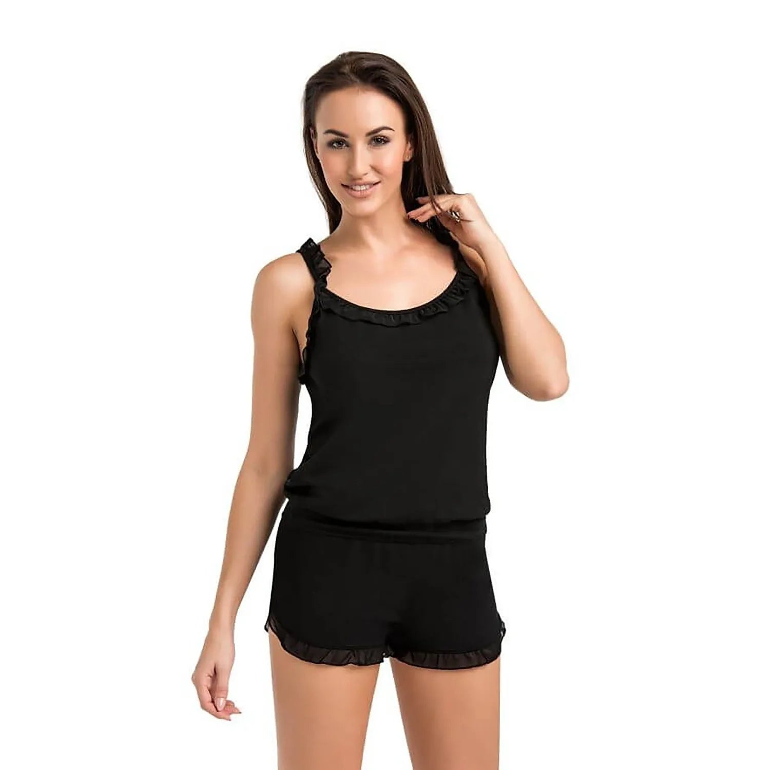 Chemise de nuit noire pour femmes, bretelles à volants, encolure semi-circulaire, ourlet large, tissu respirant.