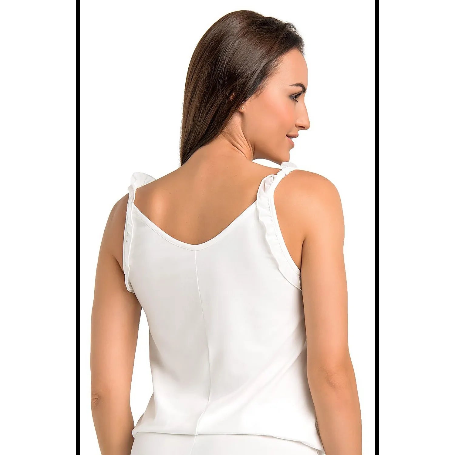 Chemise de nuit écrue Teyli, bretelles volantes, coupe ample, en viscose, vue arrière.