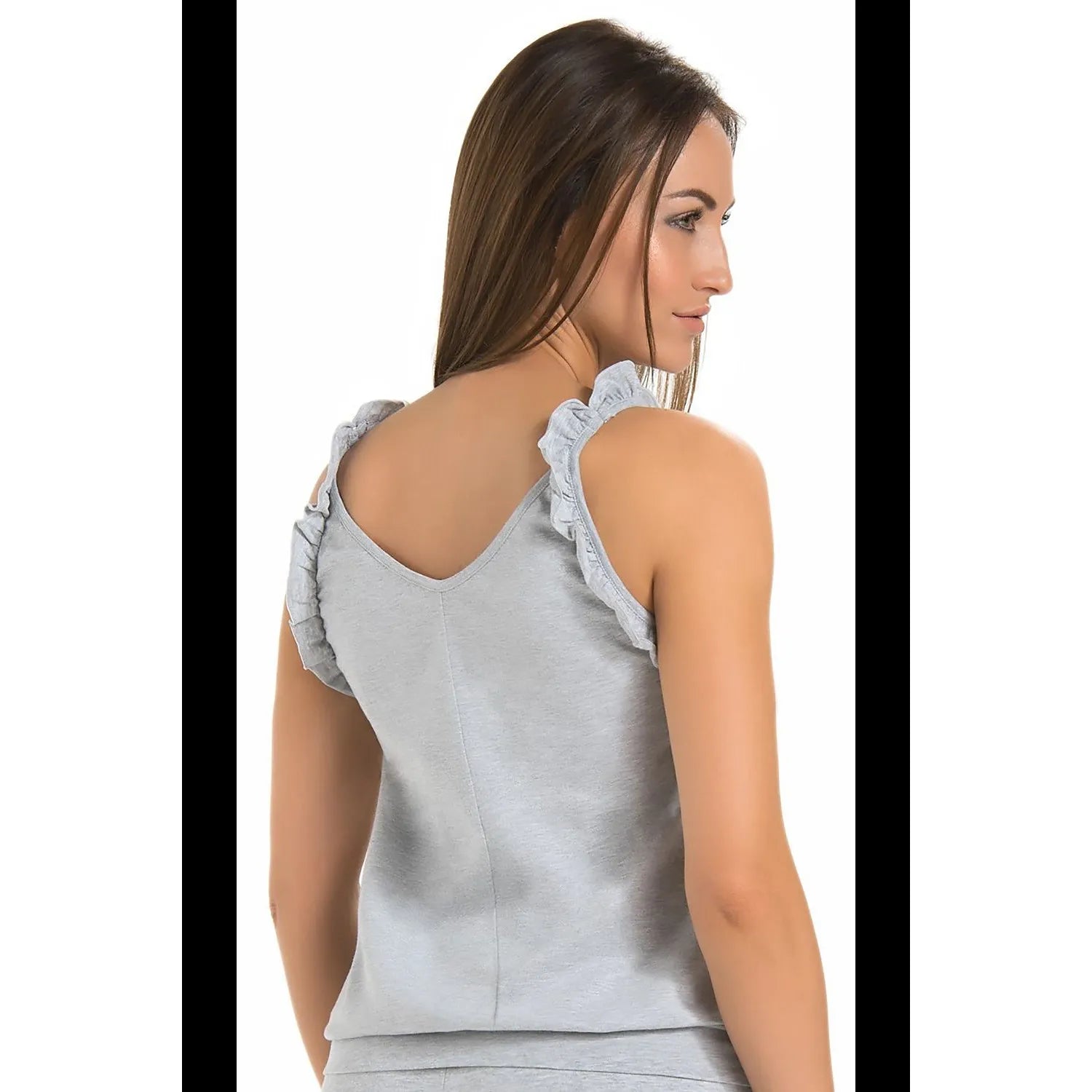 Chemise de nuit gris clair Teyli, bretelles à volants, encolure semi-circulaire, coupe ample, tissu viscose respirant.