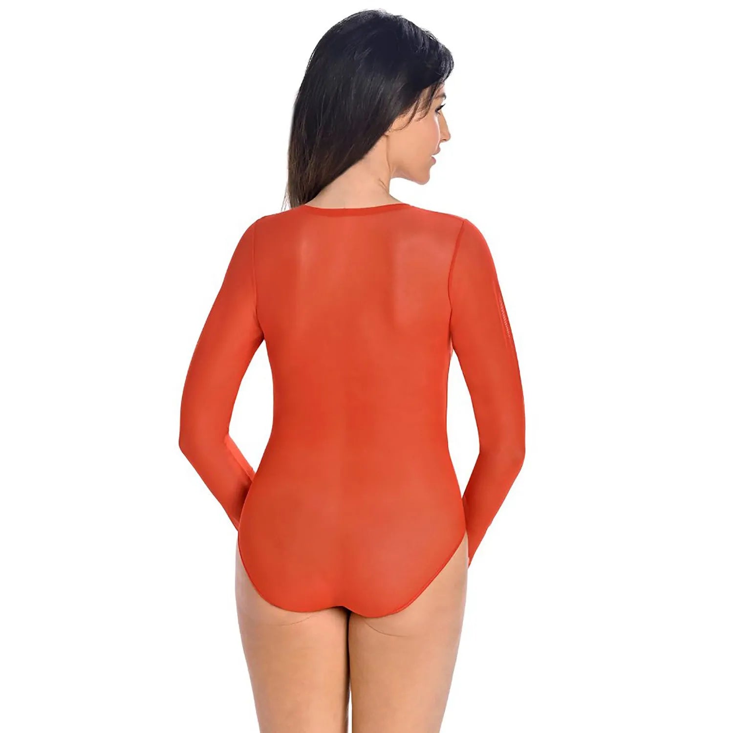 Body femme rouge en maille translucide, manches longues, encolure semi-circulaire, élasthanne et polyester, taille M.