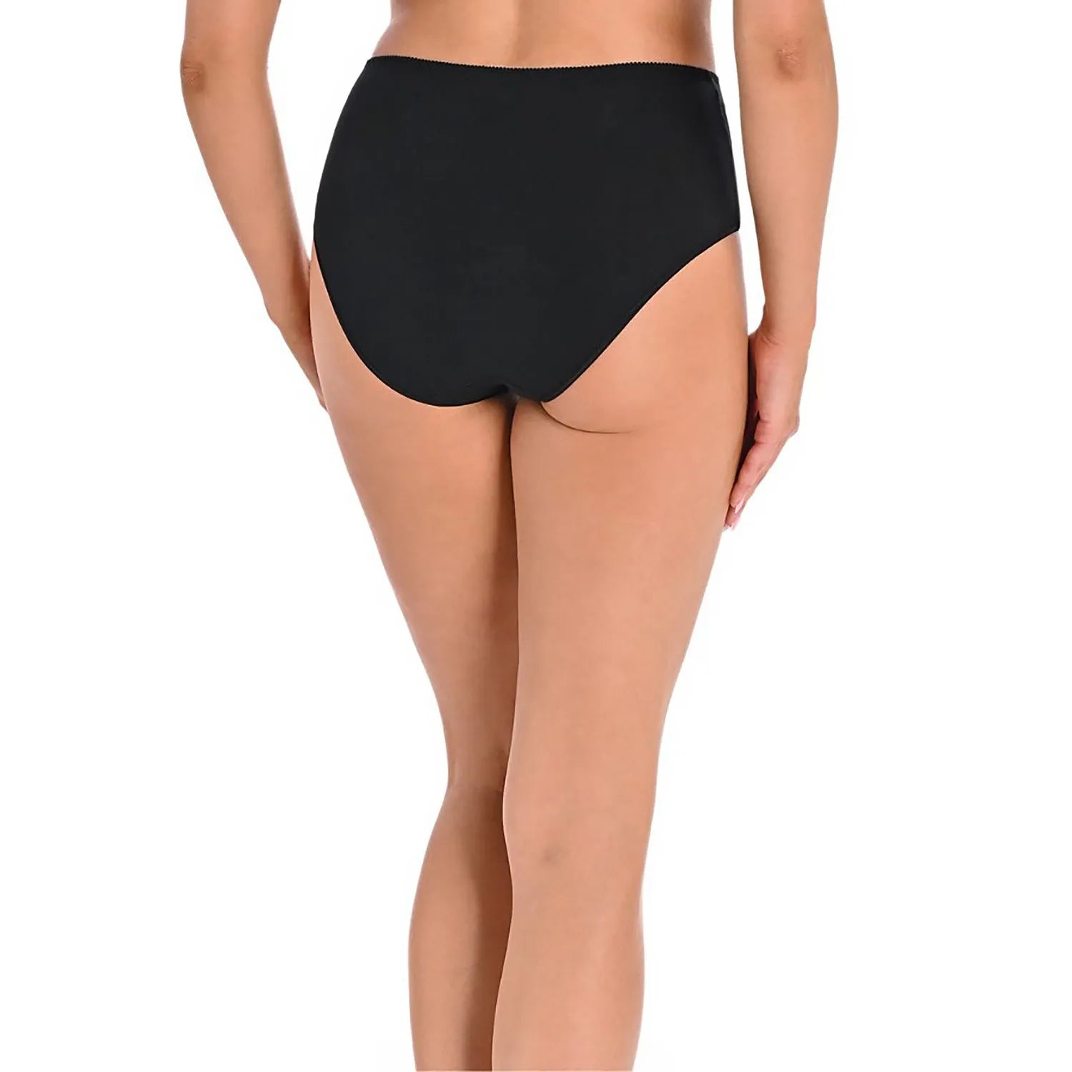 Culotte noire taille haute, coupe classique, couvrante, en coton doux et Lycra, vue arrière sur mannequin.