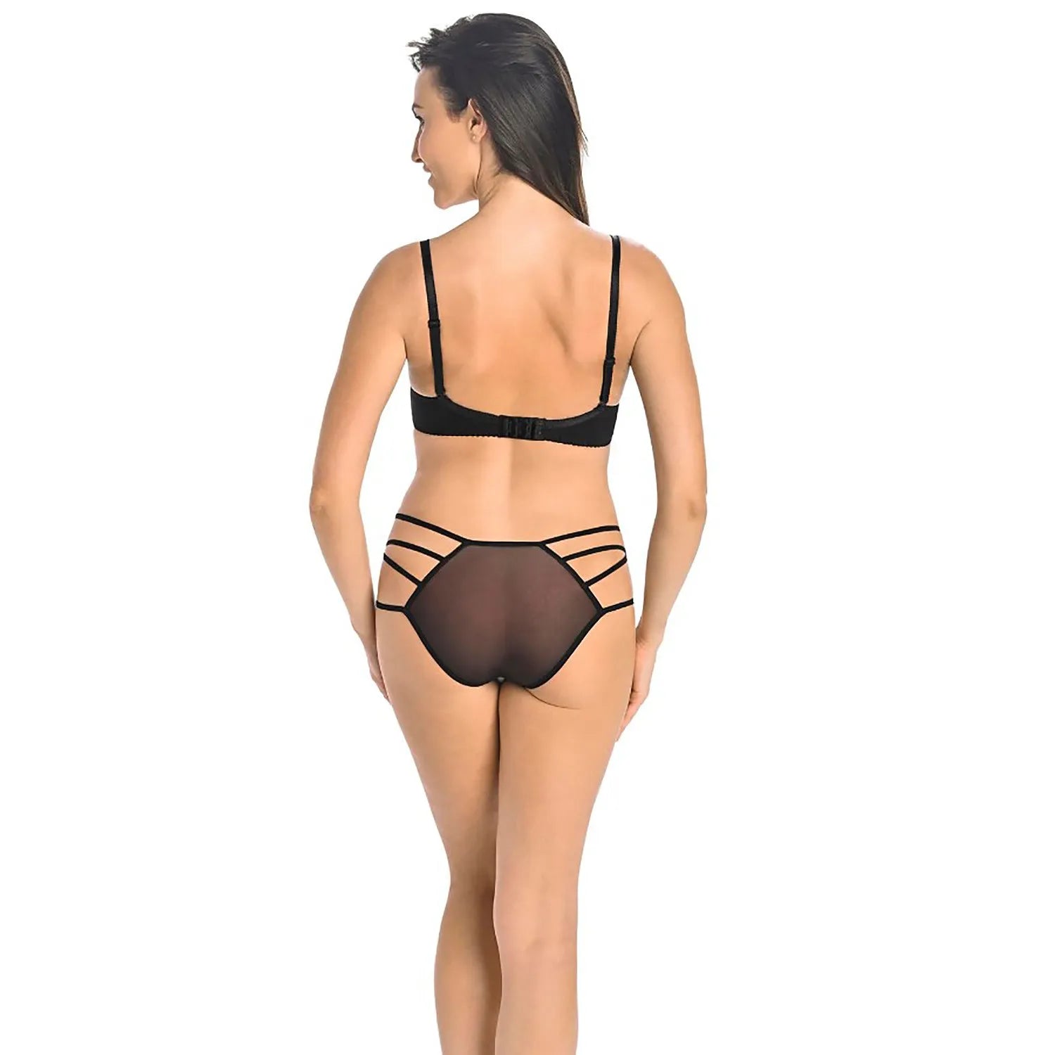 Culotte noire femme, maille transparente, bretelles croisées, losanges, doublure coton, style élégant et confortable.