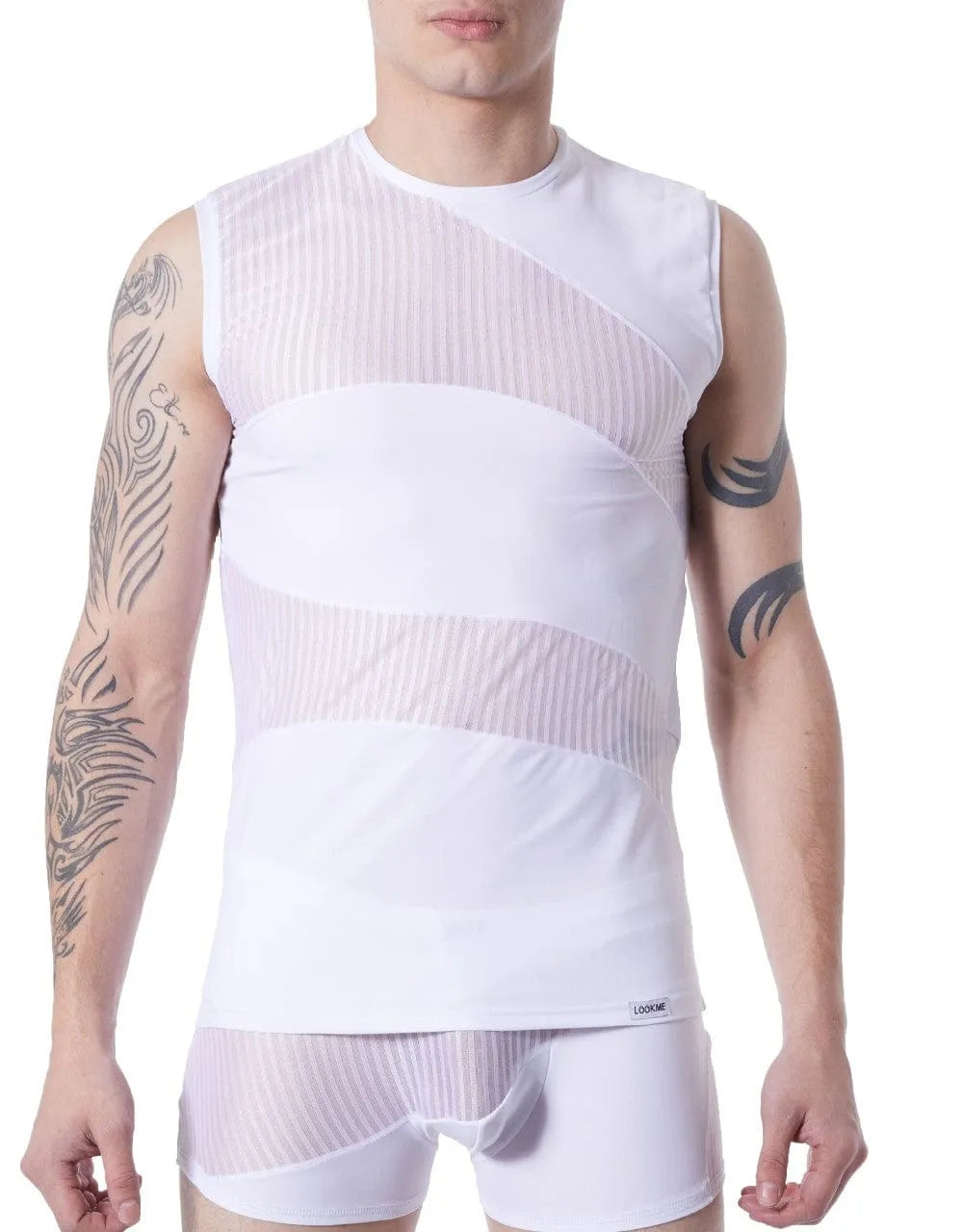 Débardeur homme blanc transparent, col rond, motifs opaques et transparents, style moderne et audacieux.