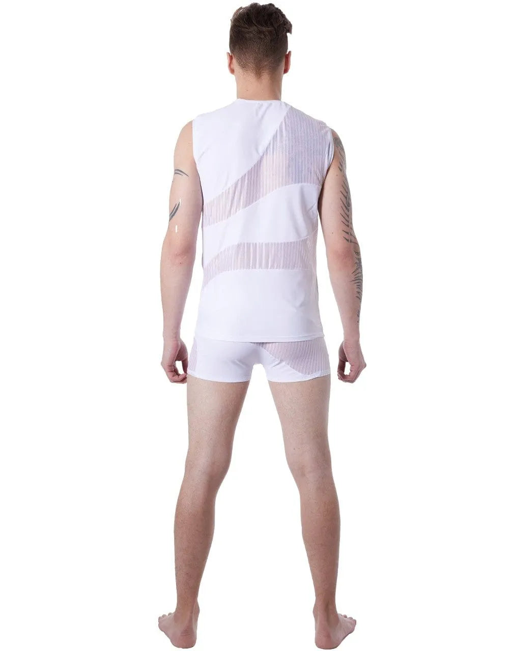Débardeur homme blanc transparent, col rond, sans manches, alternance tissu opaque et transparent, style audacieux.