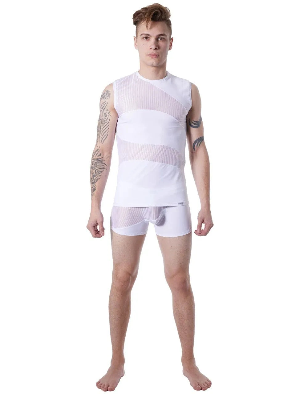 Débardeur homme blanc transparent, col rond, sans manches, alternance tissu opaque et transparent, style audacieux.