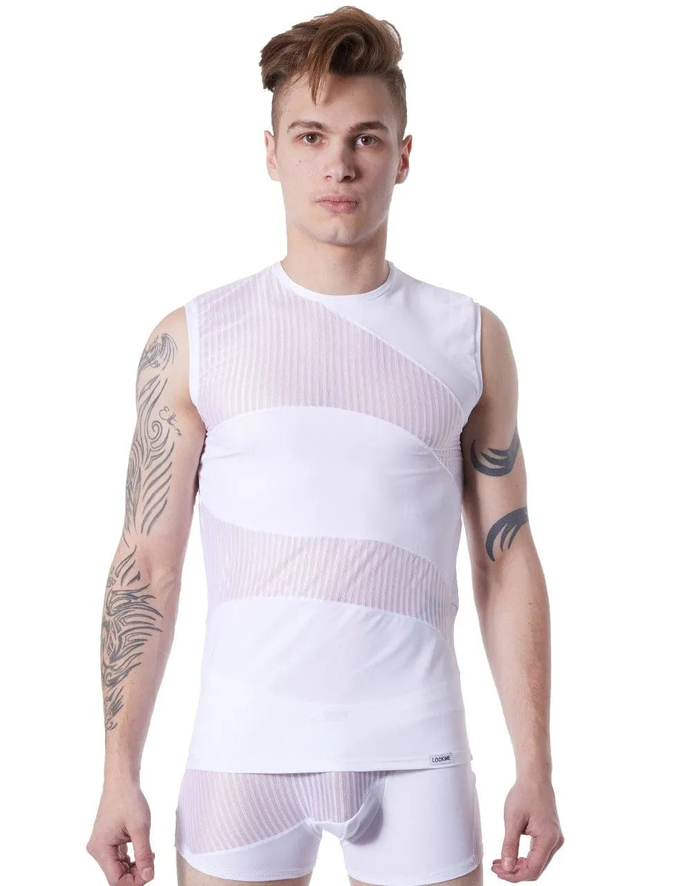 Débardeur homme blanc transparent, col rond, motifs opaques et transparents, style moderne et audacieux.