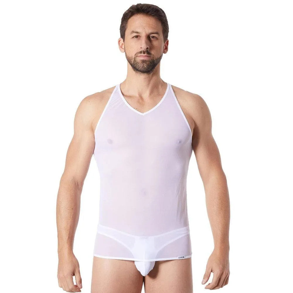 Débardeur V-Shirt Blanc Homme Maille Transparente