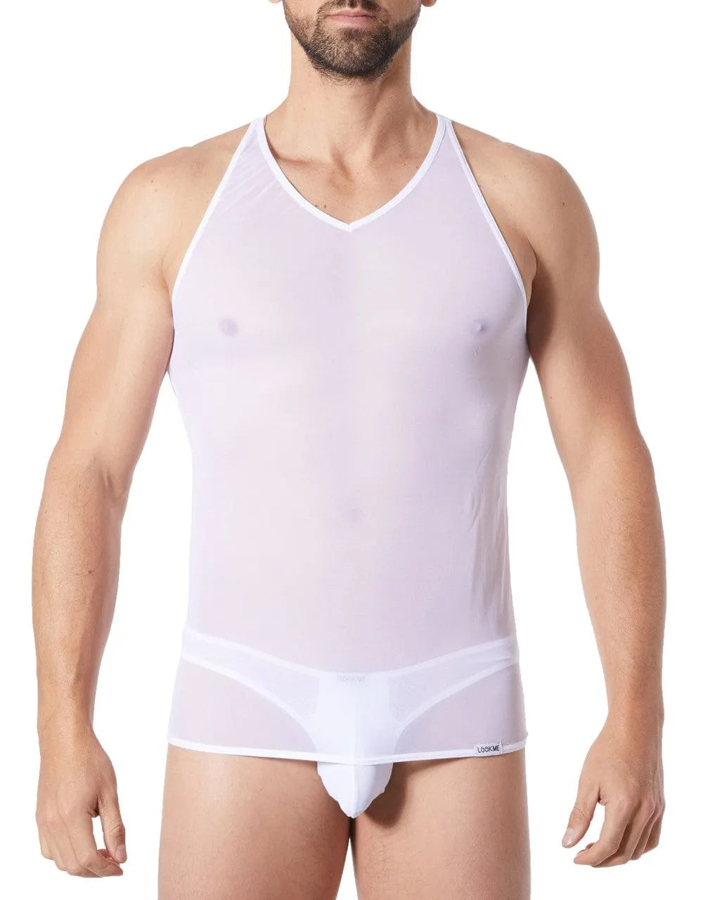 Débardeur homme blanc transparent col V, épaules dénudées, maille légère, style élégant et confortable.
