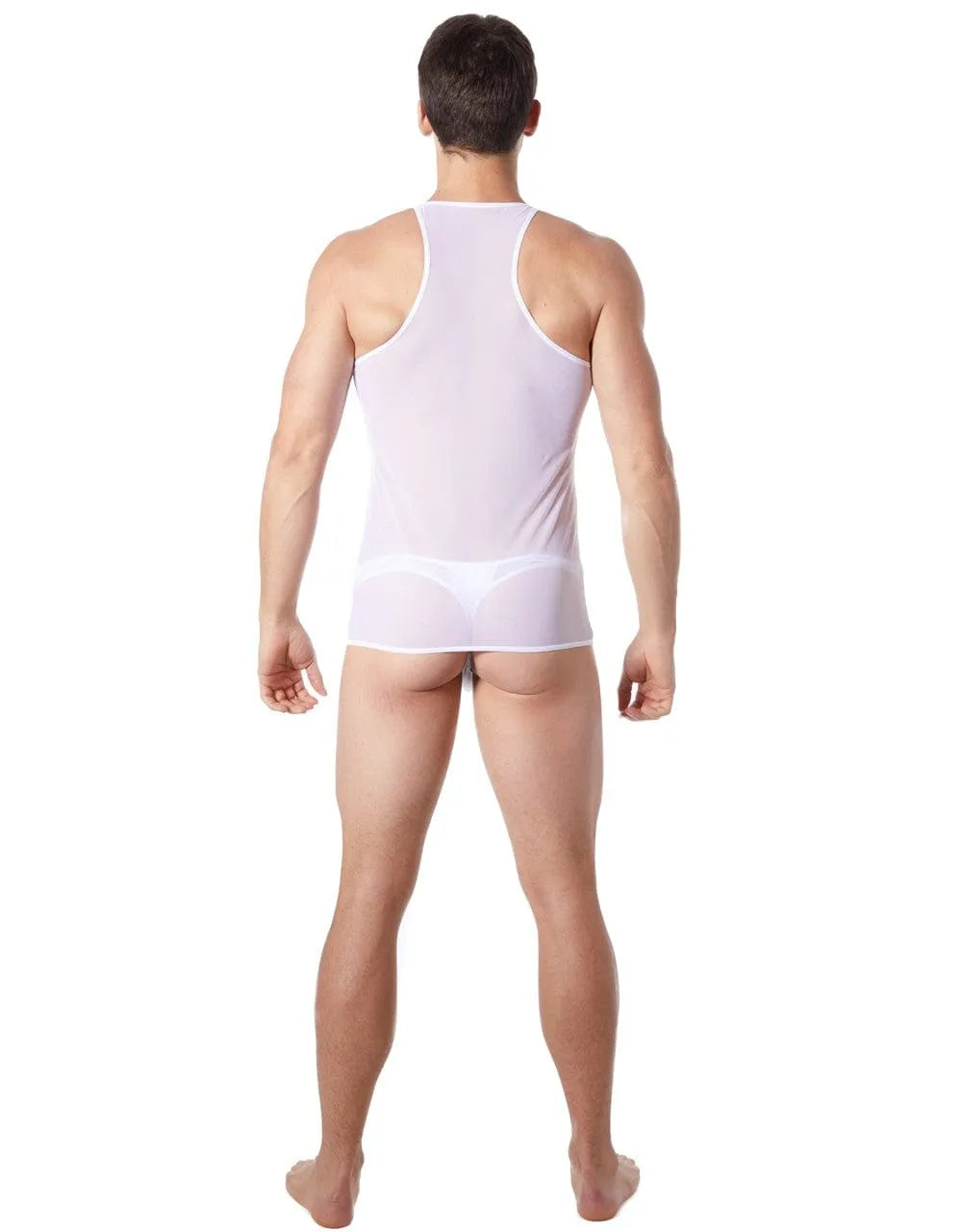Débardeur homme blanc transparent, col V, épaules dénudées, maille fine, style élégant et léger.