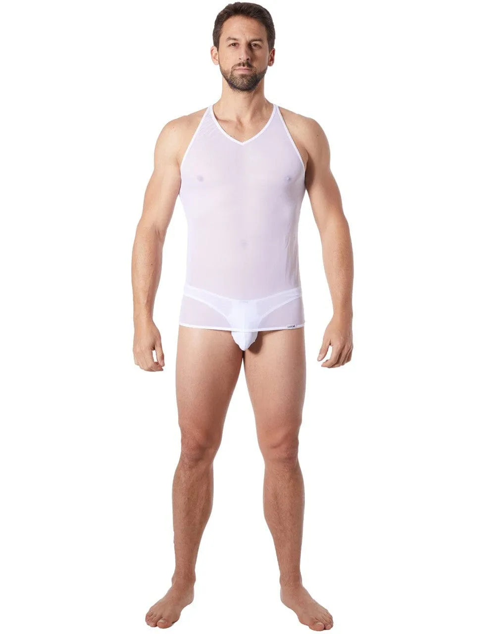 Débardeur blanc homme maille transparente, col V, épaules dénudées, style élégant et léger, silhouette sublimée.