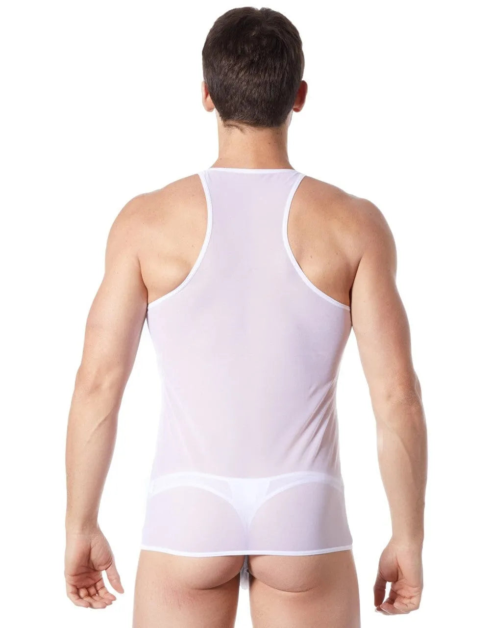 Débardeur homme blanc transparent col V, maille légère, épaules dénudées, élégant et confortable.