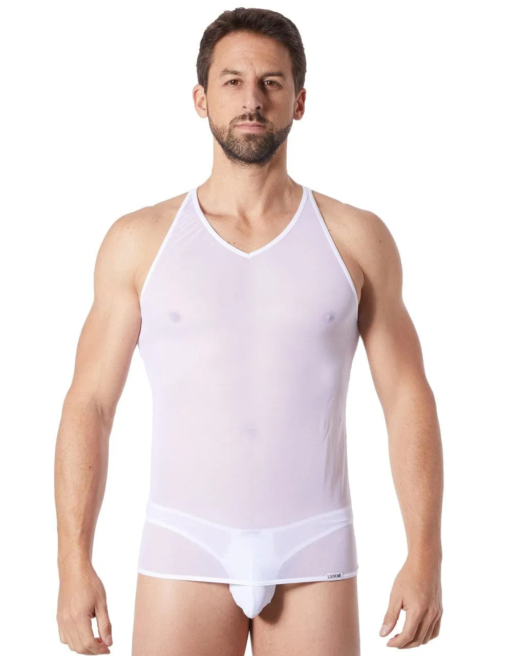 Débardeur homme blanc transparent col V, maille légère, style élégant et moderne.