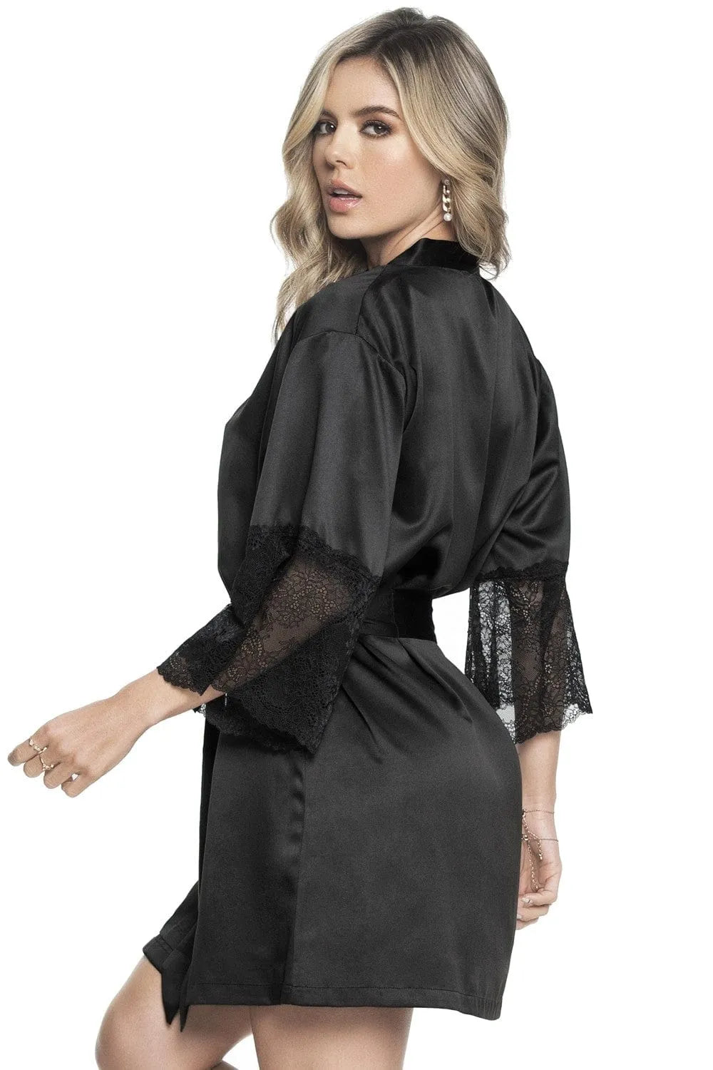 Déshabillé Noir Satin Dentelle Élégant