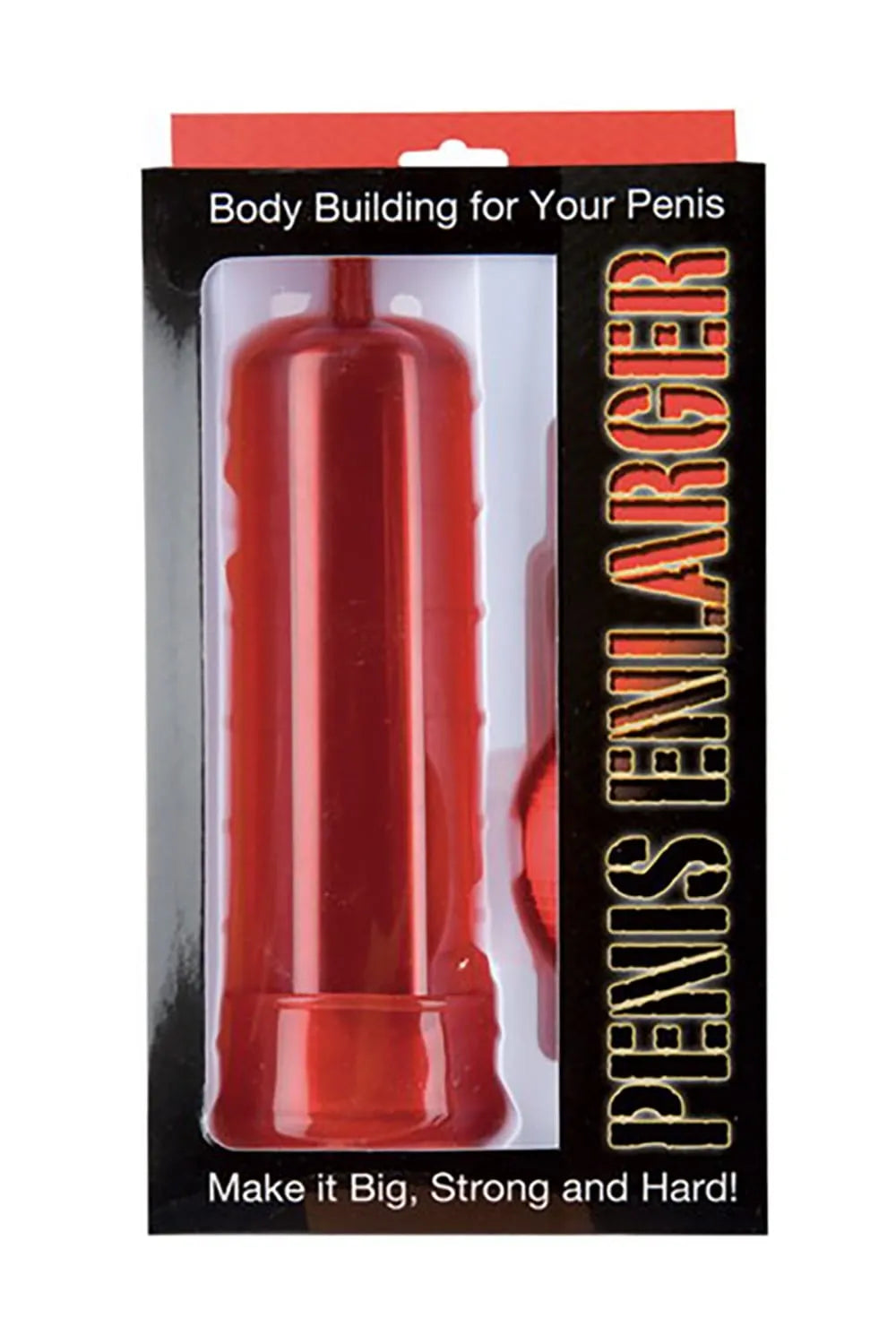 Pompe à pénis rouge en jelly avec bouton vide d'air, dans emballage noir et rouge, longueur 20 cm, diamètre 5 cm.