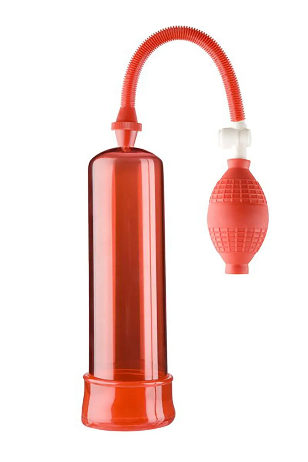 Pompe développeur de pénis rouge avec cylindre transparent, tube flexible et poire texturée, 20 cm de longueur.