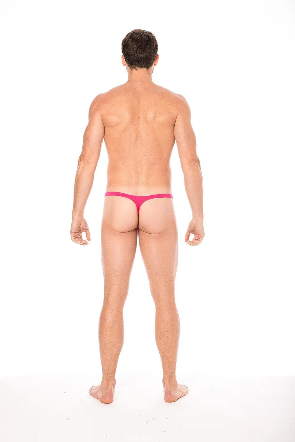 String homme magenta, taille élastique, vue arrière, design élégant et confortable, parfait pour un look sexy et moderne.