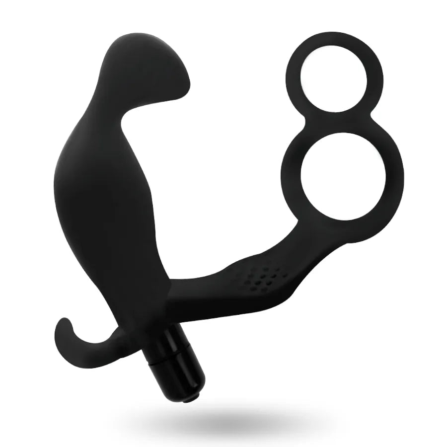 Dilatateur anal vibrant noir avec anneau pénien, design ergonomique en TPR Soft Touch, plaisir et confort intimes.