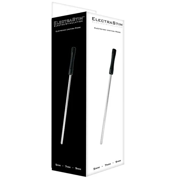 Dilatateur urétral électro-stimulant en acier inoxydable, surface lisse, manche noir, emballage élégant.