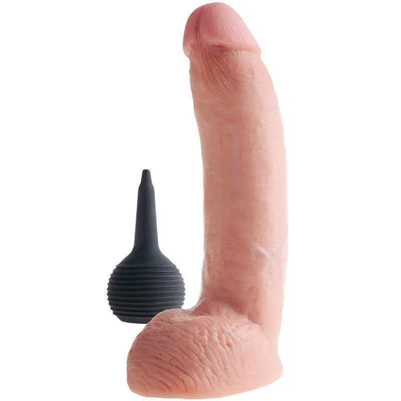 Dildo réaliste éjaculant sans phthalates, couleur chair, texture veinée, avec système d'éjaculation innovant.