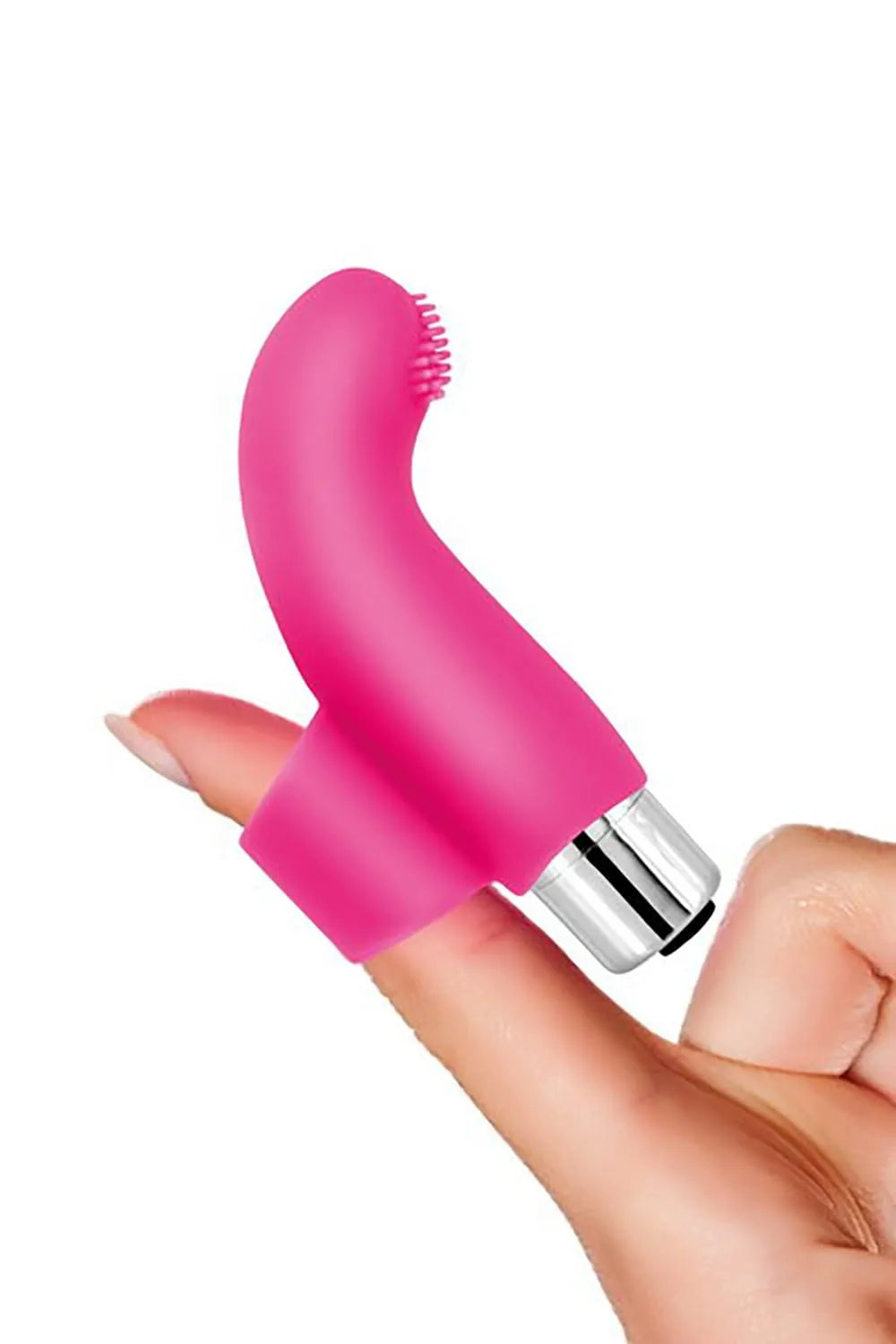 Mini vibromasseur silicone rose avec picots en cœur, 10 vitesses, monté sur bague extensible pour stimulation clitoridienne.
